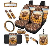 TOADDMOS Set completo di 14 coprisedili per auto, motivo: mucca delle Highlands, copertura per specchietto retrovisore, cuscinetti per cinture di sicurezza, coprivolante, sottobicchieri, per auto e