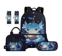 TOADDMOS Set da 5 pezzi con zaino per il pranzo, portapenne, 2 segnalibri e scomparti per scuola elementare e media, Blue Axolotl Studiare, moderno