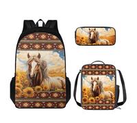 TOADDMOS Set di 3 pezzi zaino per bambini zaino a spalla zaino scuola con contenitore termico portapranzo astuccio, Azteco Cavallo Girasole, Zaini
