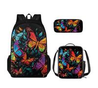 TOADDMOS Set di 3 pezzi zaino per bambini zaino a spalla zaino scuola con contenitore termico portapranzo astuccio, Farfalla colorata., Zaini