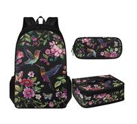TOADDMOS Set di 3 zaini per la scuola elementare con astuccio portapranzo, Colibrì Fiore, Zaini