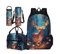 TOADDMOS Set di 4 borse per la scuola per bambini con borsa termica per il pranzo, borsa portatile per bottiglia d'acqua e bottiglia termica, Fiore di renna, Large Water Bottle, Set di zaini per la