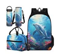 TOADDMOS Set di 4 borse per la scuola per bambini con borsa termica per il pranzo, borsa portatile per bottiglia d'acqua e bottiglia termica, Delfino Sottomarino, Small Water Bottle, Set di zaini per