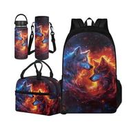 TOADDMOS Set di 4 borse per la scuola per bambini con borsa termica per il pranzo, borsa portatile per bottiglia d'acqua e bottiglia termica, Lupo Fuoco, Large Water Bottle, Set di zaini per la scuola