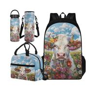 TOADDMOS Set di 4 borse per la scuola per bambini con borsa termica per il pranzo, borsa portatile per bottiglia d'acqua e bottiglia termica, Mucca fiore, Small Water Bottle, Set di zaini per la