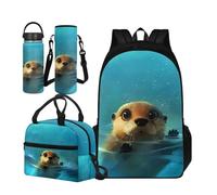TOADDMOS Set di 4 borse per la scuola per bambini con borsa termica per il pranzo, borsa portatile per bottiglia d'acqua e bottiglia termica, Otter, Large Water Bottle, Set di zaini per la scuola