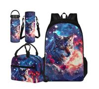 TOADDMOS Set di 4 borse per la scuola per bambini con borsa termica per il pranzo, borsa portatile per bottiglia d'acqua e bottiglia termica, Galaxy Wolf, Large Water Bottle, Set di zaini per la
