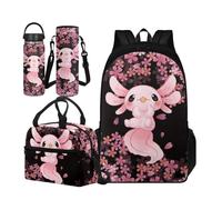 TOADDMOS Set di 4 borse per la scuola per bambini con borsa termica per il pranzo, borsa portatile per bottiglia d'acqua e bottiglia termica, Fiori di prugno Axolotl, Large Water Bottle, Set di zaini