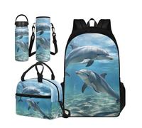 TOADDMOS Set di 4 borse per la scuola per bambini con borsa termica per il pranzo, borsa portatile per bottiglia d'acqua e bottiglia termica, Delfini, Small Water Bottle, Set di zaini per la scuola