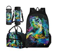 TOADDMOS Set di 4 borse per la scuola per bambini con borsa termica per il pranzo, borsa portatile per bottiglia d'acqua e bottiglia termica, Tartaruga marina, Small Water Bottle, Set di zaini per la