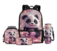 TOADDMOS Set di 4 zaini con borsa per il pranzo, astuccio, bottiglia d'acqua, borsa a tracolla per bambini, ragazzi, ragazze, studenti, ritorno a Schoolv, Panda rosa fiore di ciliegio carino, Zaini