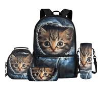 TOADDMOS Set di 4 zaini con borsa per il pranzo, astuccio, bottiglia d'acqua, borsa a tracolla per bambini, ragazzi, ragazze, studenti, ritorno a Schoolv, Gatto in tasca, Zaini