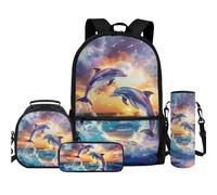 TOADDMOS Set di 4 zaini con borsa per il pranzo, astuccio, bottiglia d'acqua, borsa a tracolla per bambini, ragazzi, ragazze, studenti, ritorno a Schoolv, Delfino arcobaleno al tramonto, Zaini