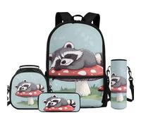 TOADDMOS Set di 4 zaini con borsa per il pranzo, astuccio, bottiglia d'acqua, borsa a tracolla per bambini, ragazzi, ragazze, studenti, ritorno a Schoolv, Fungo procione carino, Zaini