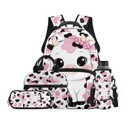 TOADDMOS Set di 4 zaini per bambini con borsa per il pranzo, borsa portapenne, portabottiglie e borsa per libri di grande capacità, per ragazzi e ragazze, Graziosa mucca., moderno