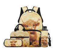 TOADDMOS Set di 4 zaini per bambini con borsa per il pranzo, borsa portapenne, portabottiglie e borsa per libri di grande capacità, per ragazzi e ragazze, Girasole della mucca delle Highland, moderno