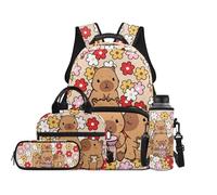 TOADDMOS Set di 4 zaini per bambini con borsa per il pranzo, borsa portapenne, portabottiglie e borsa per libri di grande capacità, per ragazzi e ragazze, Capibara Floreale, moderno