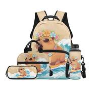 TOADDMOS Set di 4 zaini per bambini con borsa per il pranzo, borsa portapenne, portabottiglie e borsa per libri di grande capacità, per ragazzi e ragazze, Surf Capibara, moderno