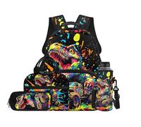 TOADDMOS Set di 4 zaini per bambini con borsa per il pranzo, borsa portapenne, portabottiglie e borsa per libri di grande capacità, per ragazzi e ragazze, Trattore Dinosauro, moderno