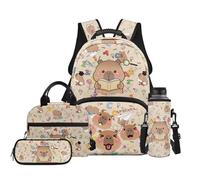 TOADDMOS Set di 4 zaini per bambini con borsa per il pranzo, borsa portapenne, portabottiglie e borsa per libri di grande capacità, per ragazzi e ragazze, Capibara Studiare, moderno
