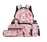 TOADDMOS Set di 4 zaini per bambini con borsa per il pranzo, borsa portapenne, portabottiglie e borsa per libri di grande capacità, per ragazzi e ragazze, Axolotl Fragola, moderno