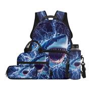 TOADDMOS Set di 4 zaini per bambini con borsa per il pranzo, borsa portapenne, portabottiglie e borsa per libri di grande capacità, per ragazzi e ragazze, Cool Shark Lightning, moderno
