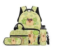 TOADDMOS Set di 4 zaini per bambini con borsa per il pranzo, portapenne, borsa per bottiglia d'acqua, borse alla moda per libri per bambini di età 8-14 anni, Trifoglio Capibara, moderno