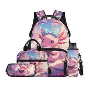 TOADDMOS Set di 4 zaini per bambini con borsa per il pranzo, portapenne, borsa per bottiglia d'acqua, borse alla moda per libri per bambini di età 8-14 anni, Axolotl Rosa, moderno