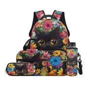 TOADDMOS Set di 4 zaini per bambini con borsa per il pranzo, portapenne, borsa per bottiglia d'acqua, grazioso zaino per la scuola elementare, Fiori Gatti Neri, moderno