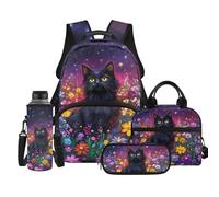 TOADDMOS Set di 4 zaini per bambini con borsa per il pranzo, portapenne, borsa per bottiglia d'acqua, per ragazzi e ragazze della scuola elementare, Fiori Gatti Neri, moderno