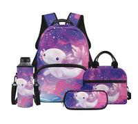 TOADDMOS Set di 4 zaini per bambini con borsa per il pranzo, portapenne, borsa per bottiglia d'acqua, per ragazzi e ragazze della scuola elementare, Galaxy Axolotl, moderno