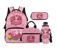 TOADDMOS Set di 4 zaini per bambini con borsa portatile per il pranzo, astuccio per matite, borsa per bottiglia d'acqua, adatto per ragazzi delle scuole medie, Rose Axolotl, moderno