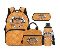 TOADDMOS Set di 4 zaini per bambini con borsa portatile per il pranzo, astuccio per matite, borsa per bottiglia d'acqua, adatto per ragazzi delle scuole medie, Capibara Arancione, moderno