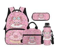 TOADDMOS Set di 4 zaini per bambini con borsa portatile per il pranzo, astuccio per matite, borsa per bottiglia d'acqua, adatto per ragazzi delle scuole medie, Axolotl Ciambella, moderno