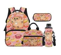 TOADDMOS Set di 4 zaini per bambini con borsa portatile per il pranzo, astuccio per matite, borsa per bottiglia d'acqua, adatto per ragazzi delle scuole medie, Capibara Frutta Rosa, moderno