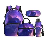 TOADDMOS Set di 4 zaini per bambini con borsa portatile per il pranzo, astuccio per matite, borsa per bottiglia d'acqua, adatto per ragazzi delle scuole medie, Gatto Nero Galaxy, moderno