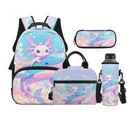 TOADDMOS Set di 4 zaini per bambini con borsa portatile per il pranzo, astuccio per matite, borsa per bottiglia d'acqua, adatto per ragazzi delle scuole medie, Balena Axolotl, moderno