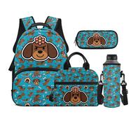 TOADDMOS Set di 4 zaini per bambini con borsa portatile per il pranzo, astuccio per matite, borsa per bottiglia d'acqua, adatto per ragazzi delle scuole medie, Bassotto Cartone Animato Blu, moderno