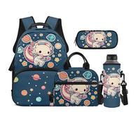 TOADDMOS Set di 4 zaini per bambini con borsa portatile per il pranzo, astuccio per matite, borsa per bottiglia d'acqua, adatto per ragazzi delle scuole medie, Axolotl spaziale, moderno