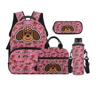 TOADDMOS Set di 4 zaini per bambini con borsa portatile per il pranzo, astuccio per matite, borsa per bottiglia d'acqua, adatto per ragazzi delle scuole medie, Cartone animato Bassotto Rosa, moderno