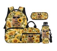 TOADDMOS Set di 4 zaini per bambini con borsa portatile per il pranzo, astuccio per matite, borsa per bottiglia d'acqua, adatto per ragazzi delle scuole medie, Girasole Capibara, moderno