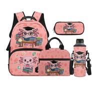 TOADDMOS Set di 4 zaini per bambini con borsa portatile per il pranzo, astuccio per matite, borsa per bottiglia d'acqua, adatto per ragazzi delle scuole medie, Libri Axolotl, moderno