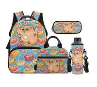 TOADDMOS Set di 4 zaini per bambini con borsa portatile per il pranzo, astuccio per matite, borsa per bottiglia d'acqua, adatto per ragazzi delle scuole medie, Capibara Frutta Blu, moderno