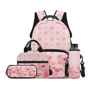 TOADDMOS Set di 4 zaini per la scuola, con borsa per il pranzo, astuccio, borsa per bottiglia d'acqua, adatto per la scuola media elementare, Cuori di maiale, moderno