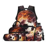 TOADDMOS Set di 4 zaini per la scuola con borsa per il pranzo, portapenne, porta bottiglie d'acqua con scomparti, regalo per ragazze e ragazzi, Calcio su ghiaccio e fuoco, moderno