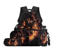 TOADDMOS Set di 4 zaini per la scuola con borsa per il pranzo, portapenne, porta bottiglie d'acqua con scomparti, regalo per ragazze e ragazzi, Fuoco lupo freddo, moderno