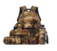 TOADDMOS Set di 4 zaini per la scuola con borsa per il pranzo, portapenne, porta bottiglie d'acqua con scomparti, regalo per ragazze e ragazzi, Fiori di mucca delle Highland, moderno