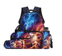 TOADDMOS Set di 4 zaini per la scuola con borsa portatile per il pranzo, astuccio portaborraccia, per bambini, età 8-14 anni, Baseball su ghiaccio e fuoco, moderno