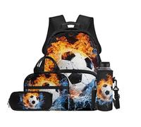 TOADDMOS Set di 4 zaini per la scuola con borsa portatile per il pranzo, astuccio portaborraccia, per bambini, età 8-14 anni, Calcio su ghiaccio e fuoco, moderno