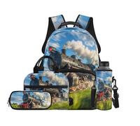 TOADDMOS Set di 4 zaini per la scuola con borsa portatile per il pranzo, astuccio portaborraccia, per bambini, età 8-14 anni, Treno Vintage, moderno
